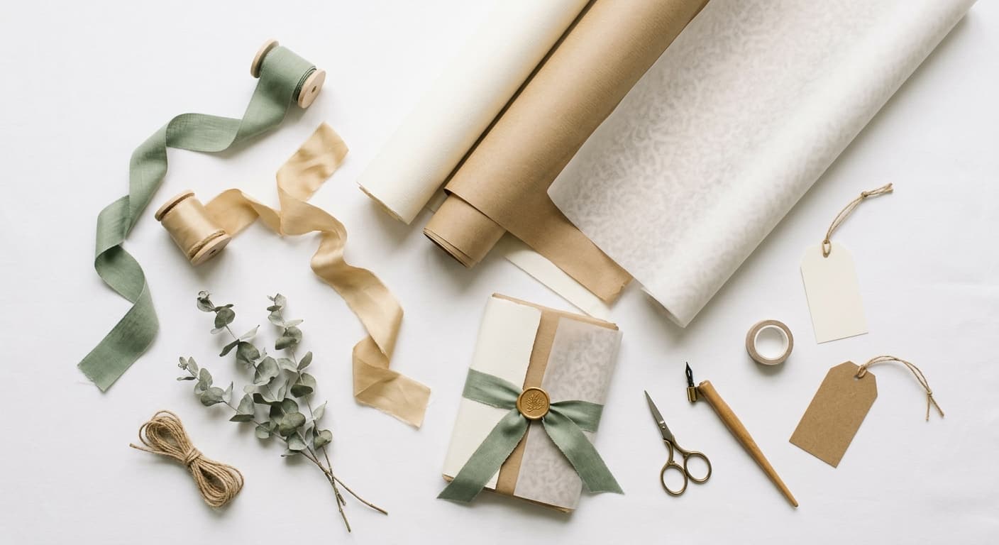 Neutral Wedding Wrap mood board of craft materials