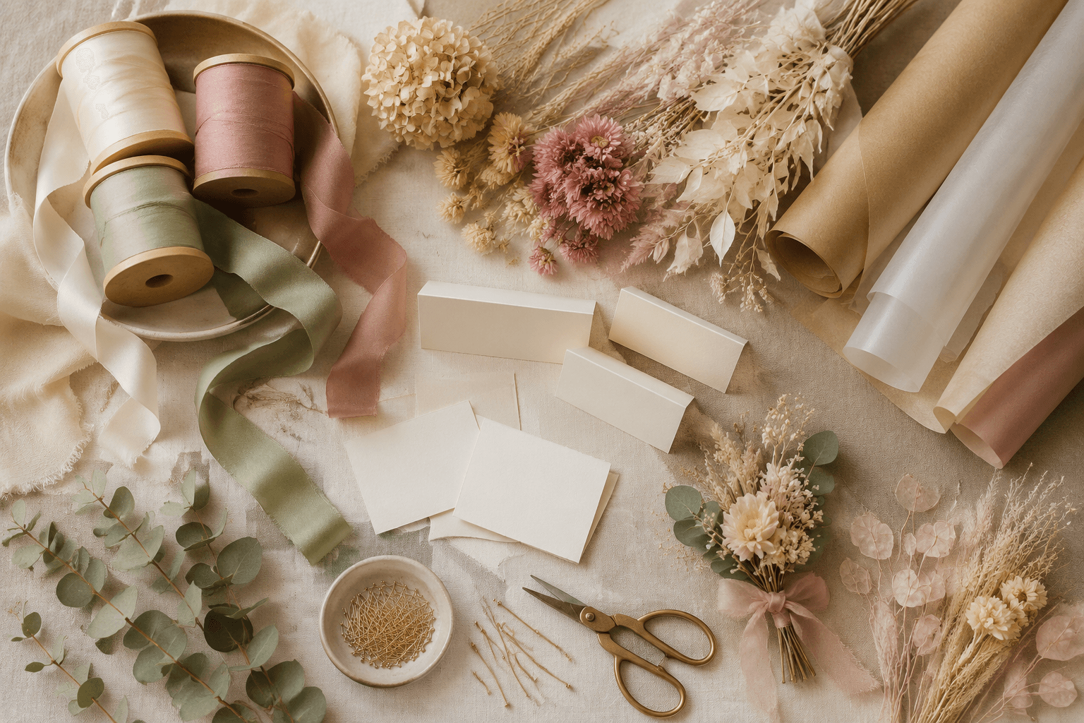 Overhead collage of a wedding craft table with satin and organza ribbon, folded cards, dried florals and neutral wrapping paper